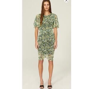 SAUNDERS Green Yellow Floral Print Sheath Ruched Mesh Wide Sleeve Dress size 8
